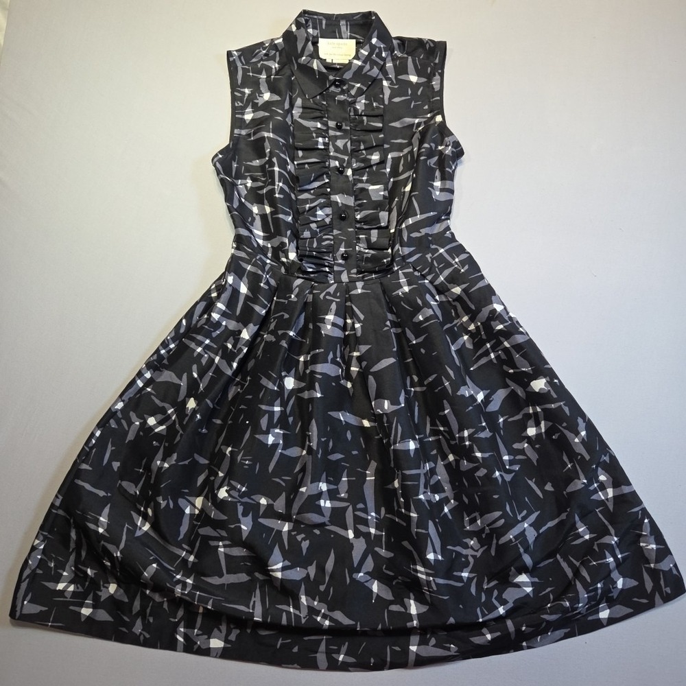 Kate Spade New York Silk Dress 00 Black Gray Print Fit & Flare Sleeveless Pocket
